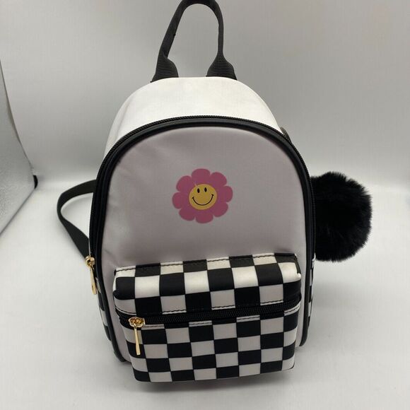 Like Dreams Mini Backpack Women's Black/White Checkered Adjustable Strap Zipper - Picture 1 of 12